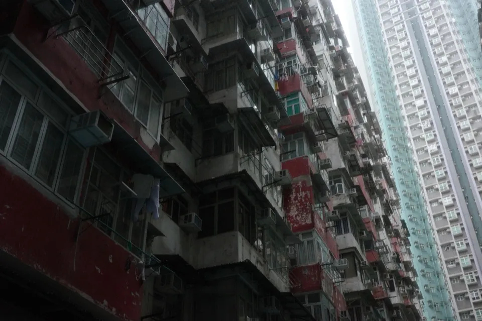 Dense Hong Kong tenement facade